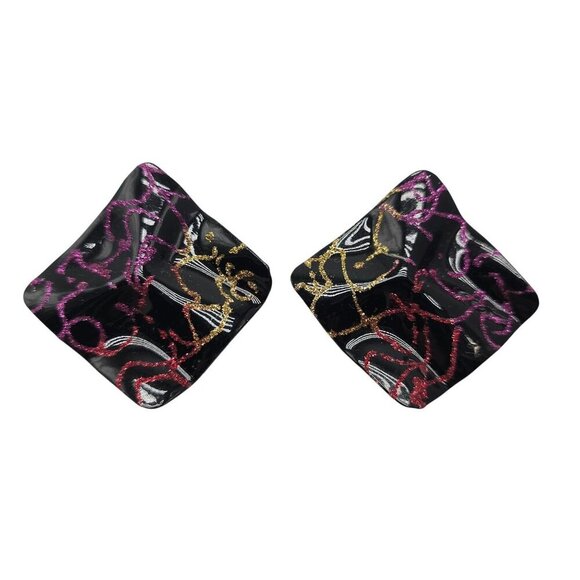 Vintage 1980s Abstract Black Enamel Earrings With Pink Gold Swirls - Picture 1 of 4